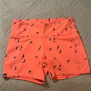 Oiselle Bright Orange Bird Pattern Shorts